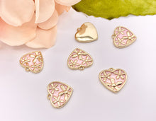 Cargar imagen en el visor de la galería, Cute Pink Enamel Floral Heart Charms in 18K Gold Plated Over Copper 8 PCS