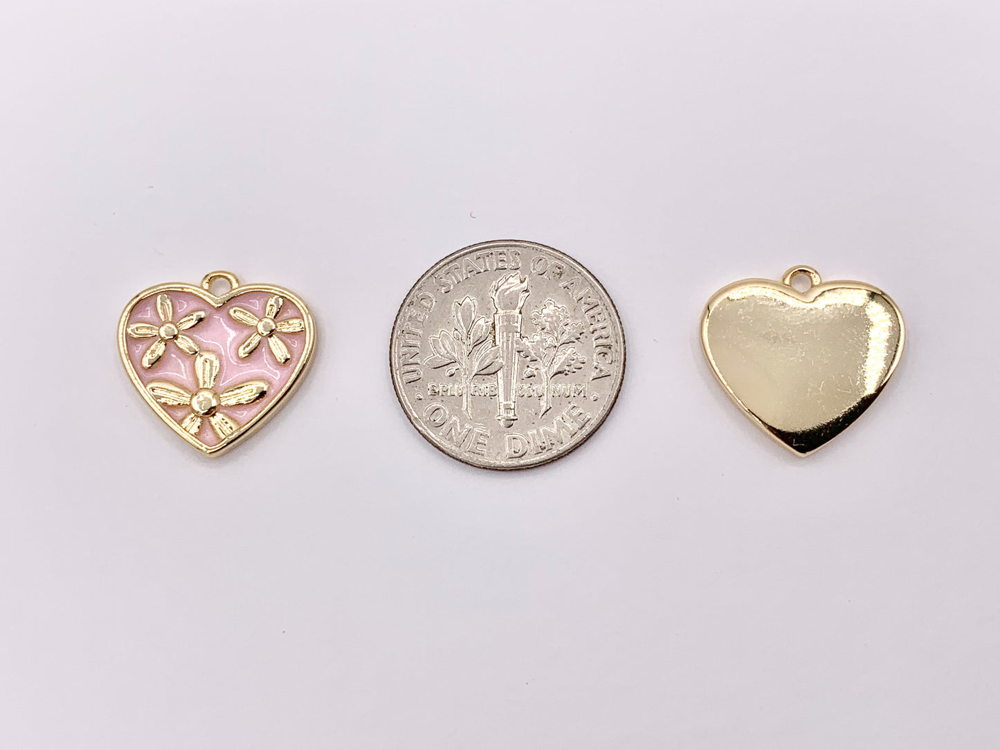 Cute Pink Enamel Floral Heart Charms in 18K Gold Plated Over Copper 8 PCS
