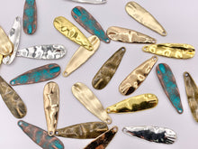 Load image into Gallery viewer, 10x36mm Pewter Hammered Thin Teardrop Pendants Bulk Order in Matte Gold, Gold, Silver, Brass and Patina