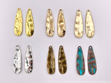 Load image into Gallery viewer, 10x36mm Pewter Hammered Thin Teardrop Pendants Bulk Order in Matte Gold, Gold, Silver, Brass and Patina