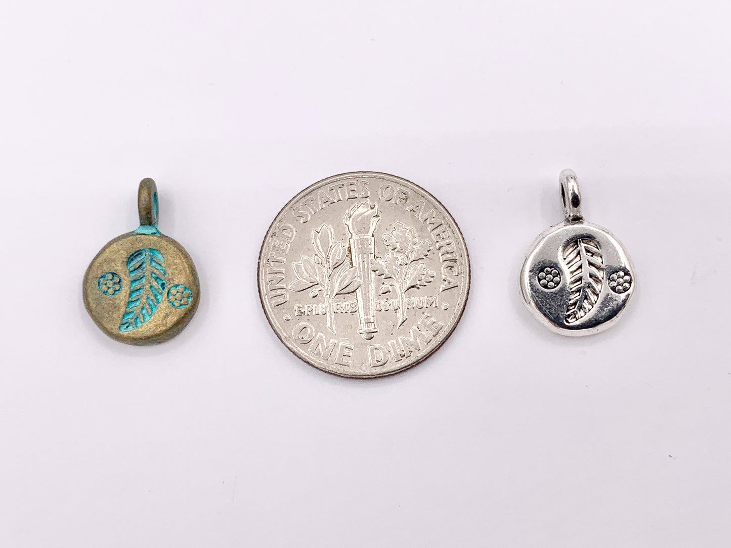 10mm Pewter Small Leaf Coin Charms in Gold, Silver, Bronze, Gunmetal & Blue Patina