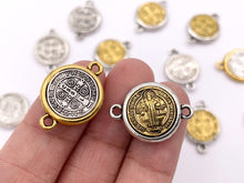 Load image into Gallery viewer, 15mm Pewter St Benedict Connectors 2 Tone Religious Pendants with 2 Loops 25 PCS