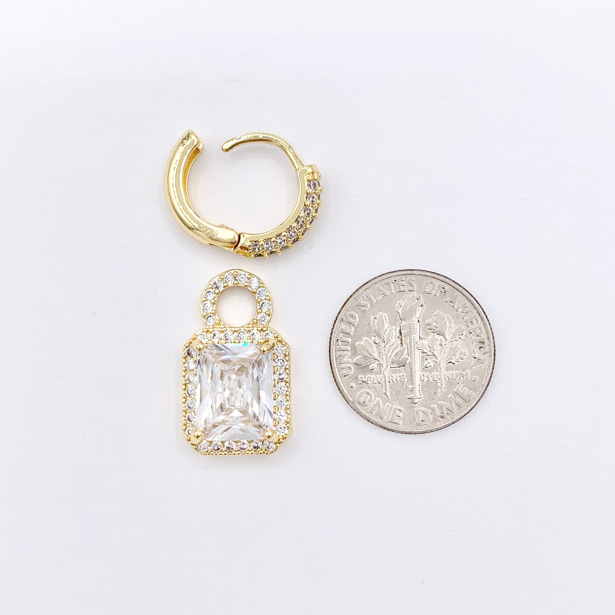 CZ Pave Earring Huggies with Dangle Rectangle Pendant in 18K Gold Plated Copper 3 PAIRS