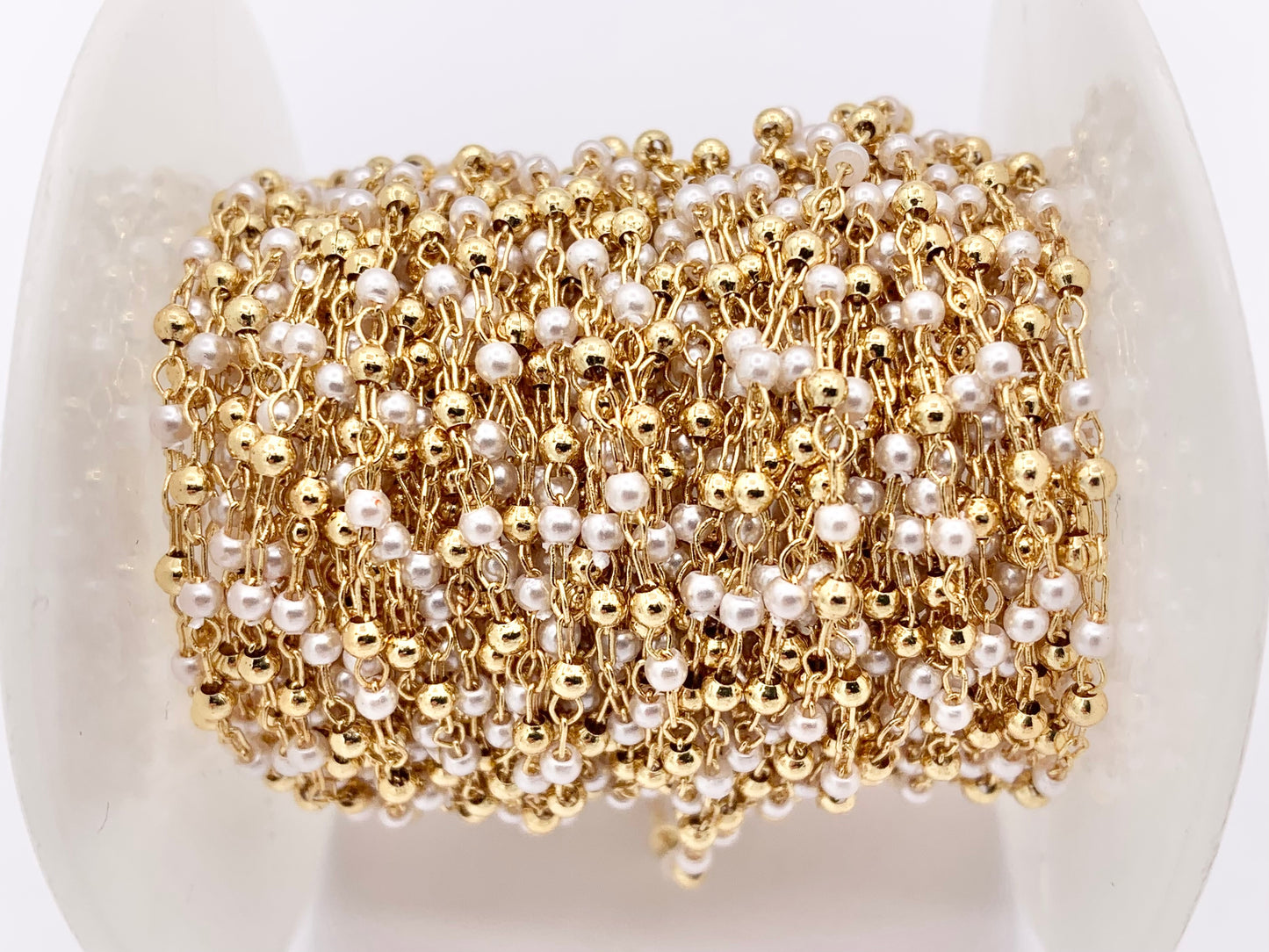 Tiny Dainty White Imitation Pearl With Gold Beads Chain in Real Gold 18K Plated Copper By Spool For Jewelry Making/Designs