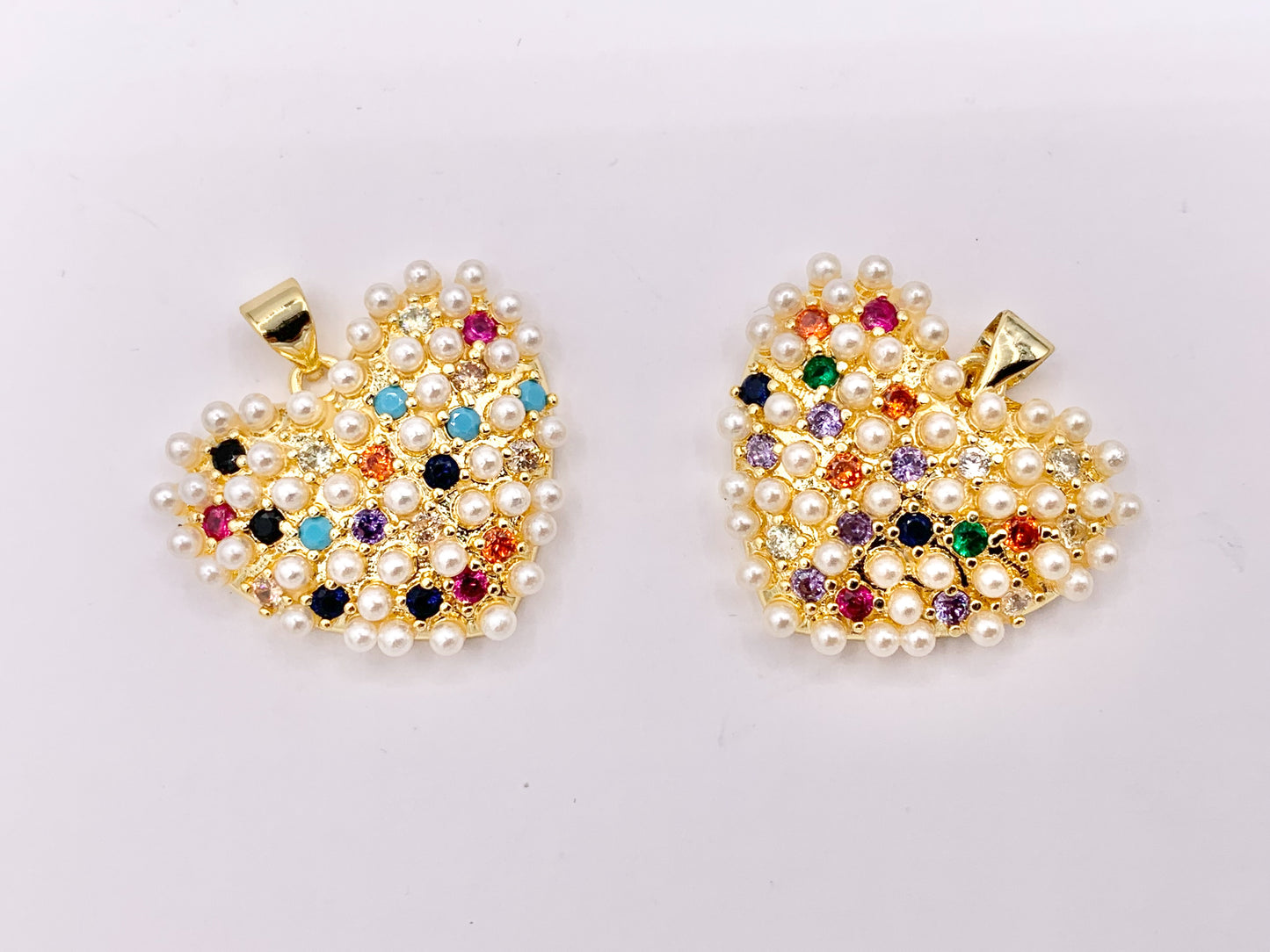 Clear and Multi CZ Pave Pearl Encrusted Puffy Hearts Pendant Charms in Real 18K Gold Plated Copper 5 PCS