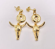 Cargar imagen en el visor de la galería, 1.5" Long Horn Steer Head Dangle Earrings Stud in 18K Gold/Silver Plated Copper 3 PAIRS