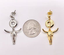 Cargar imagen en el visor de la galería, 1.5" Long Horn Steer Head Dangle Earrings Stud in 18K Gold/Silver Plated Copper 3 PAIRS