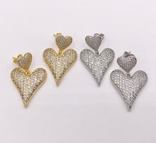 Load image into Gallery viewer, Bold Dangle Puffy Heart Earrings in Rhinestone CZ Pave Designed in 18K Gold or Silver Plated Copper 3 PAIRS