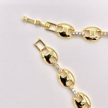 Cargar imagen en el visor de la galería, 6.5-7" Delicate 18K Gold Plated Coffee Bean/ Puffy Mariner Link Rhinestone Chain Bracelet 2PCS
