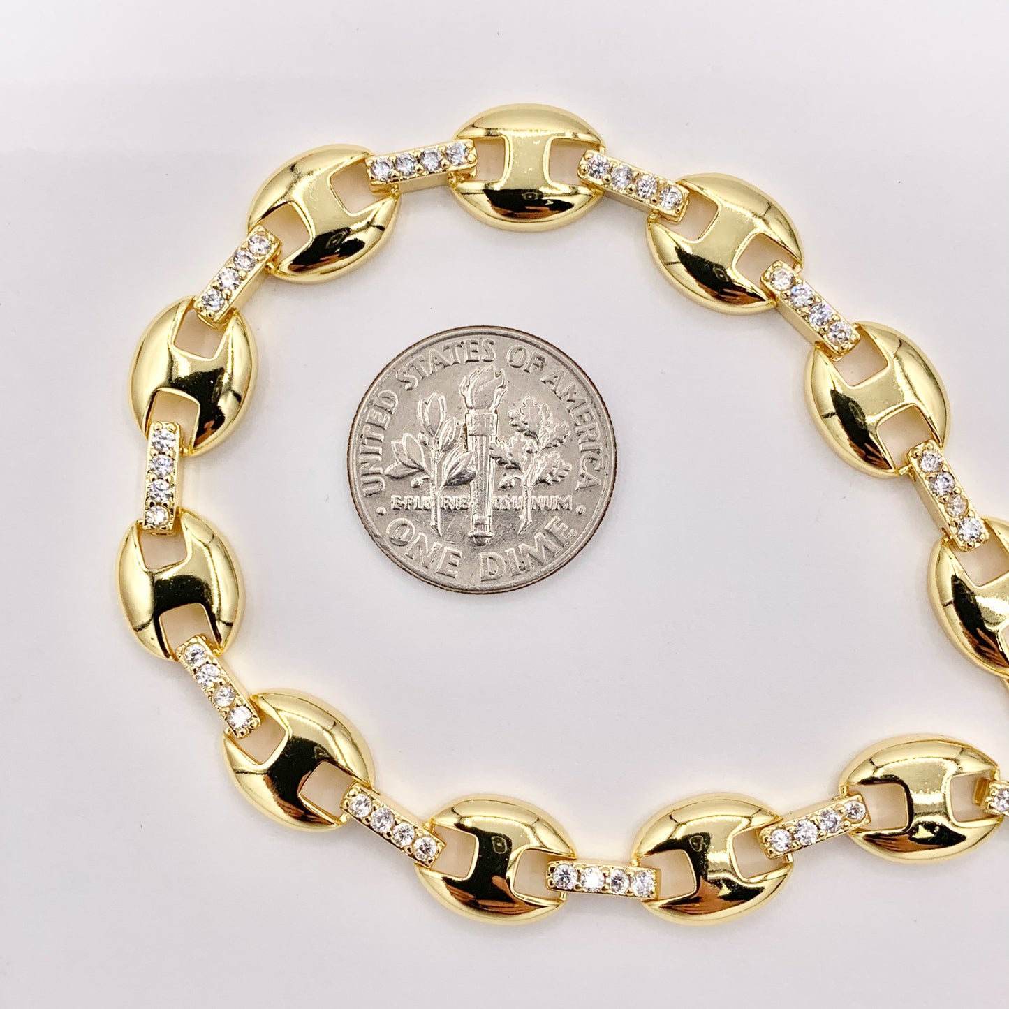 6.5-7" Delicate 18K Gold Plated Coffee Bean/ Puffy Mariner Link Rhinestone Chain Bracelet 2PCS