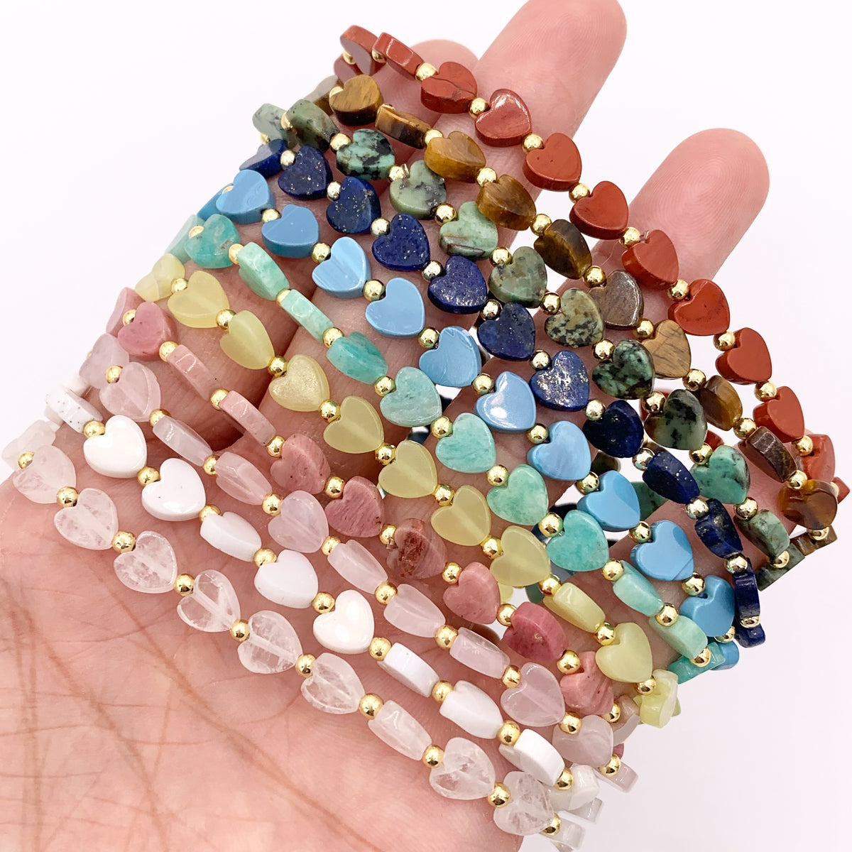 Assorted Stones Hearts With Gold Beads Dainty Stretchy Bracelet 1 piece Quartz, Opal, Amazonite, Tiger's Eye And More 6.75" 1PC