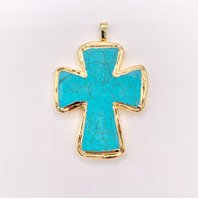 Cargar imagen en el visor de la galería, 2" Long Gold Trim Turquoise Howlite Cross Pendant in 18K Gold Plated Copper 3 PCS