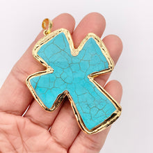 Cargar imagen en el visor de la galería, 2" Long Gold Trim Turquoise Howlite Cross Pendant in 18K Gold Plated Copper 3 PCS