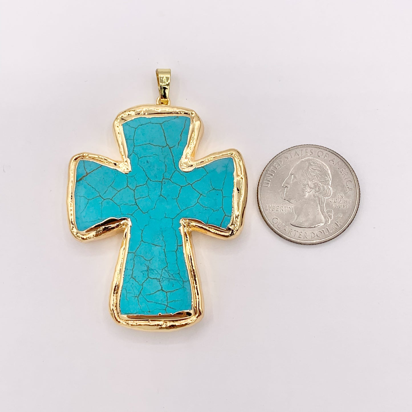 2" Long Gold Trim Turquoise Howlite Cross Pendant in 18K Gold Plated Copper 3 PCS