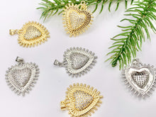 Load image into Gallery viewer, Large Puffy Heart Burst Pendant One Sided Rhinestone CZ Pave Designed in 18K Gold or Silver Plated Copper 5 PCS