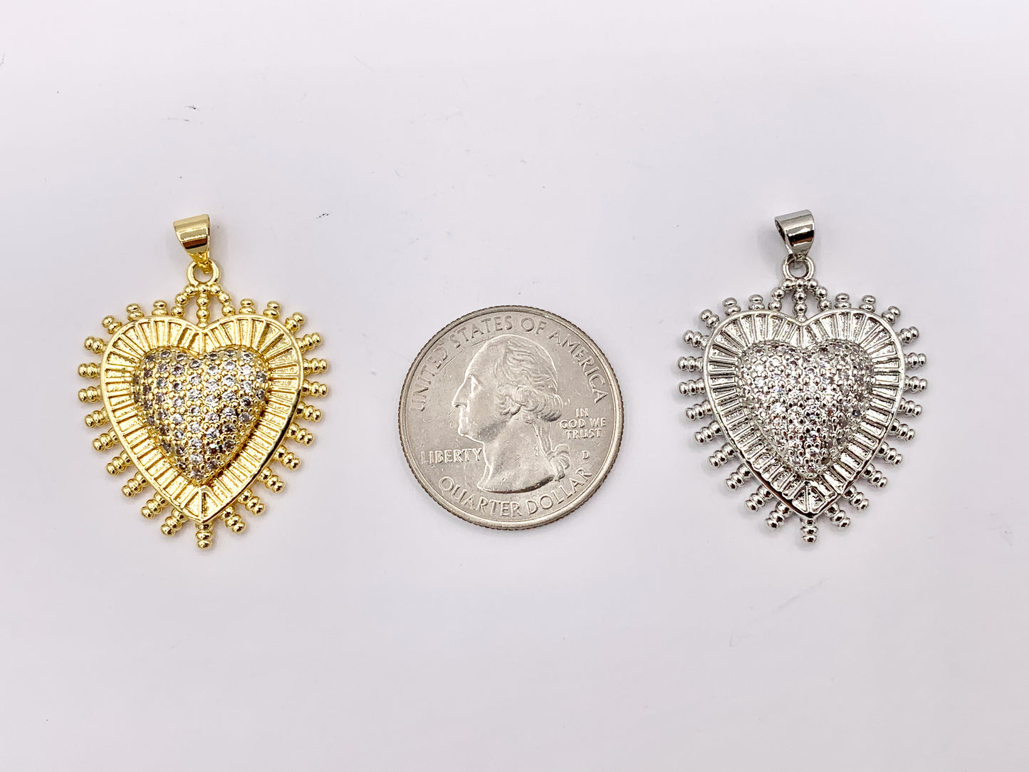 Large Puffy Heart Burst Pendant One Sided Rhinestone CZ Pave Designed in 18K Gold or Silver Plated Copper 5 PCS