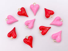 Cargar imagen en el visor de la galería, Pink and Red Enamel Heart Charm Double Sided Puffy Heart Valentine's Day Pendants in 18K Gold Plated Over Copper 8 PCS