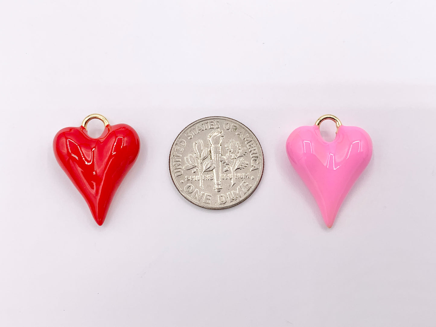Pink and Red Enamel Heart Charm Double Sided Puffy Heart Valentine's Day Pendants in 18K Gold Plated Over Copper 8 PCS