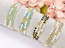 Load image into Gallery viewer, Assorted Stones With Pearls Dainty Stackable Stretchy Bracelet 1 piece Black Spinel, Terahertz, African Turquoise, Magnesite And More 7"