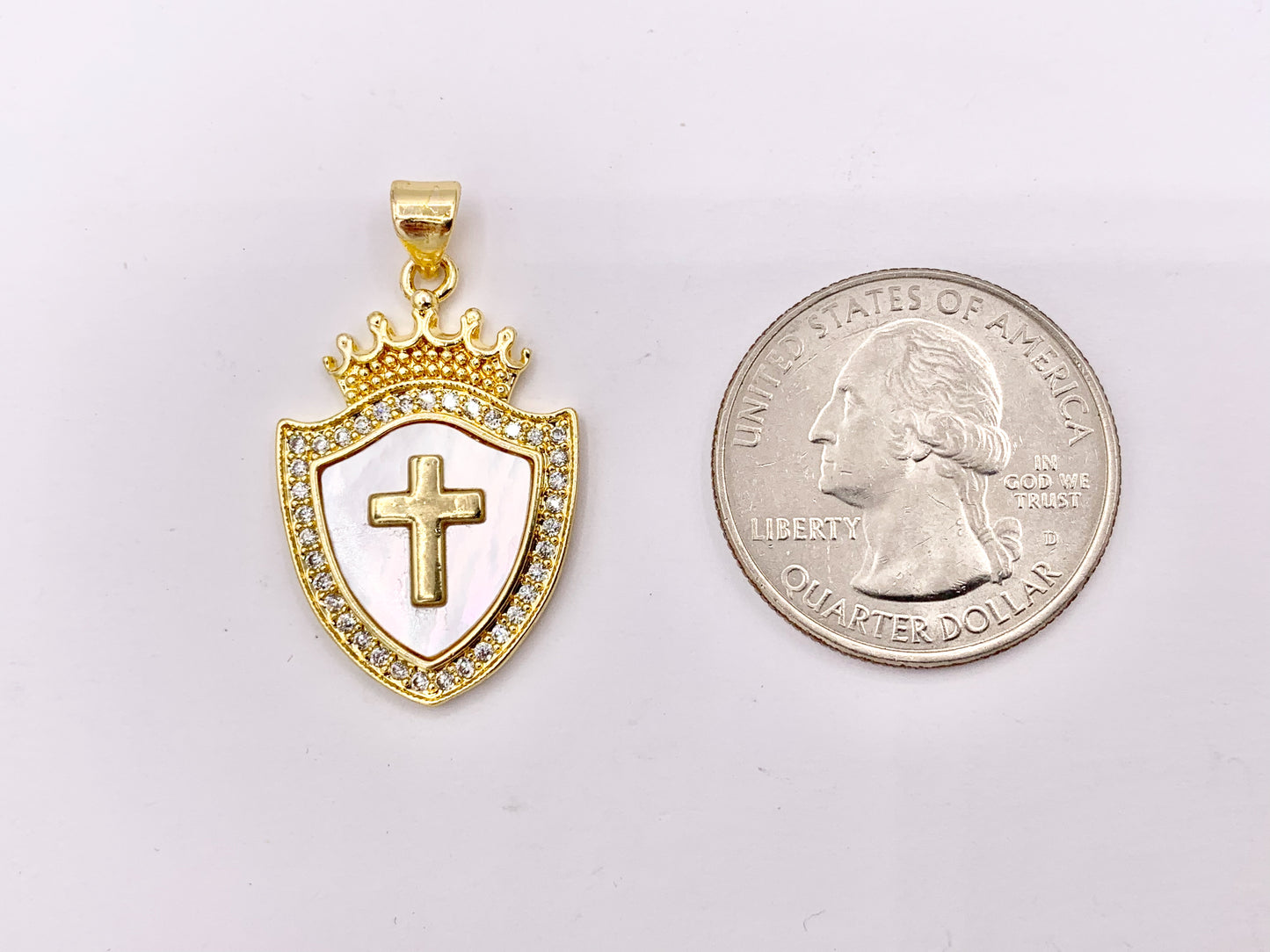 Tiara Shield Cross Pendants Princess Crown Shell Pendant in 18K Gold Plated with CZ Pave Charms Over Brass 4 PCS