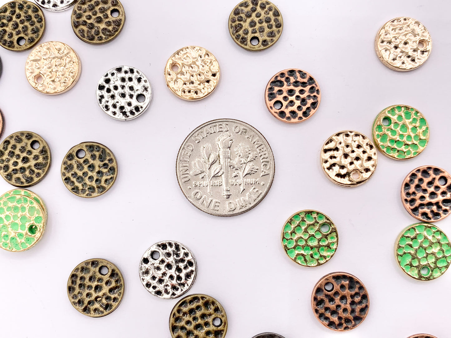 10mm Pewter Small Hammered Coin Charms in Rosy Gold, Silver, Bronze, Copper, Gunmetal and Green Patina