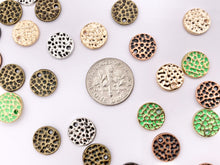 Cargar imagen en el visor de la galería, 10mm Pewter Small Hammered Coin Charms in Rosy Gold, Silver, Bronze, Copper, Gunmetal and Green Patina