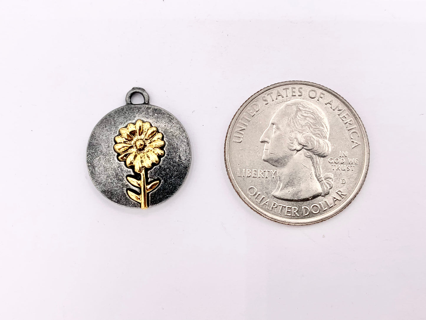 17mm Pewter Gunmetal Coin with Gold Flower Charms Cute Floral Pendants 15 PCS