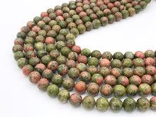 Load image into Gallery viewer, Natural Unakite Round Smooth Shiny Natural Green Pink Gemstone Beads 15"-16" 6mm 8-9mm 10-11mm 12mm