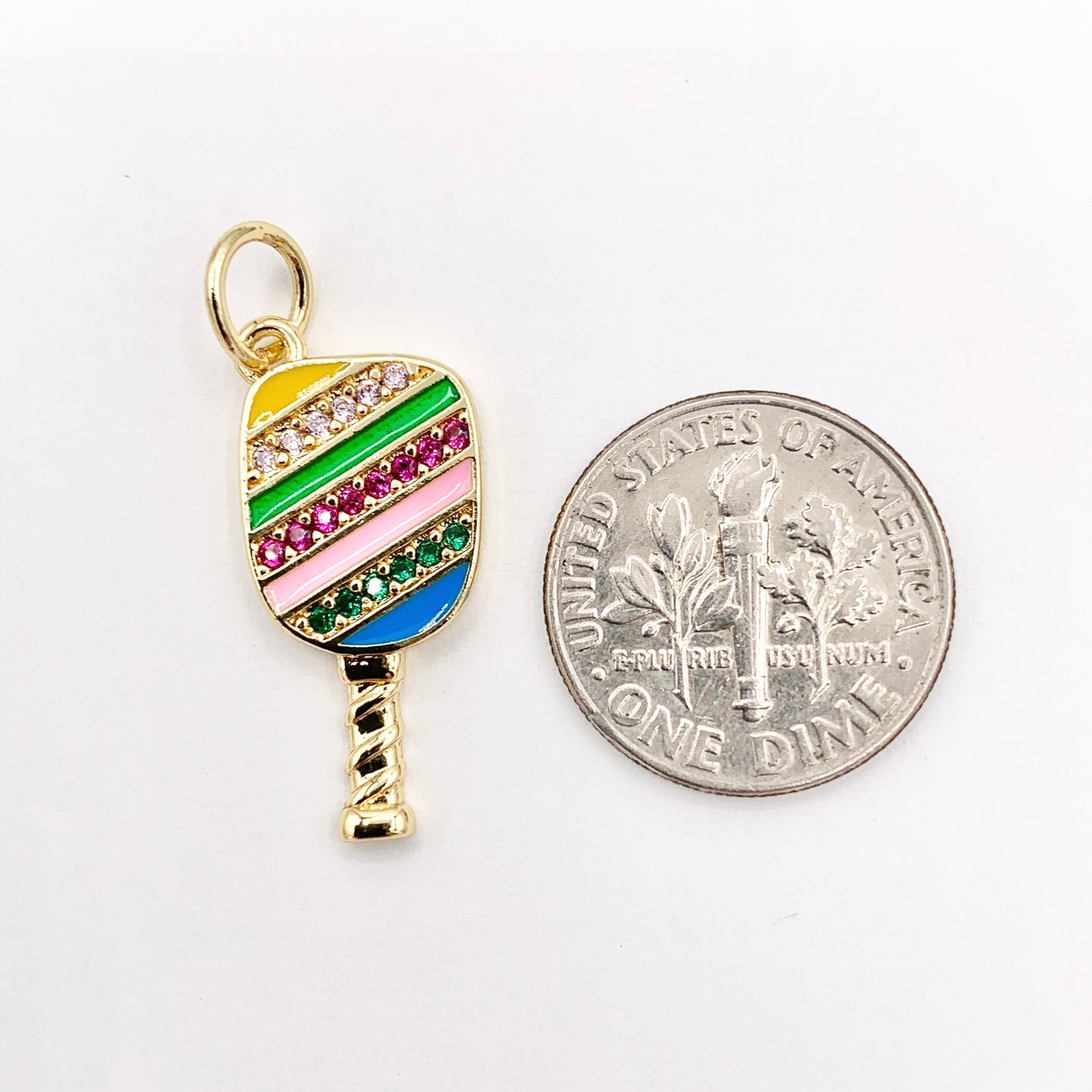 Colorful Pickleball Paddle Pendants in CZ Pave Rhinestone 18K Gold Plated Copper 8 PCS