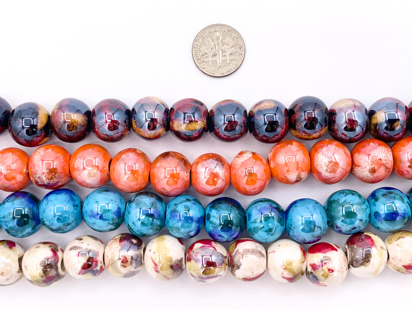 14mm Electroplated Ceramic Porcelain Large Hole Round Shiny Glossy Beads For Jewelry Making In Tortoise, Orange, Blue & Cream Around 11-12"