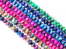 Cargar imagen en el visor de la galería, Cuentas de piedras preciosas genuinas cortadas a mano con forma de rondelle de ojo de tigre colorido teñido de 6x8 mm en 7 colores alrededor de 15 "