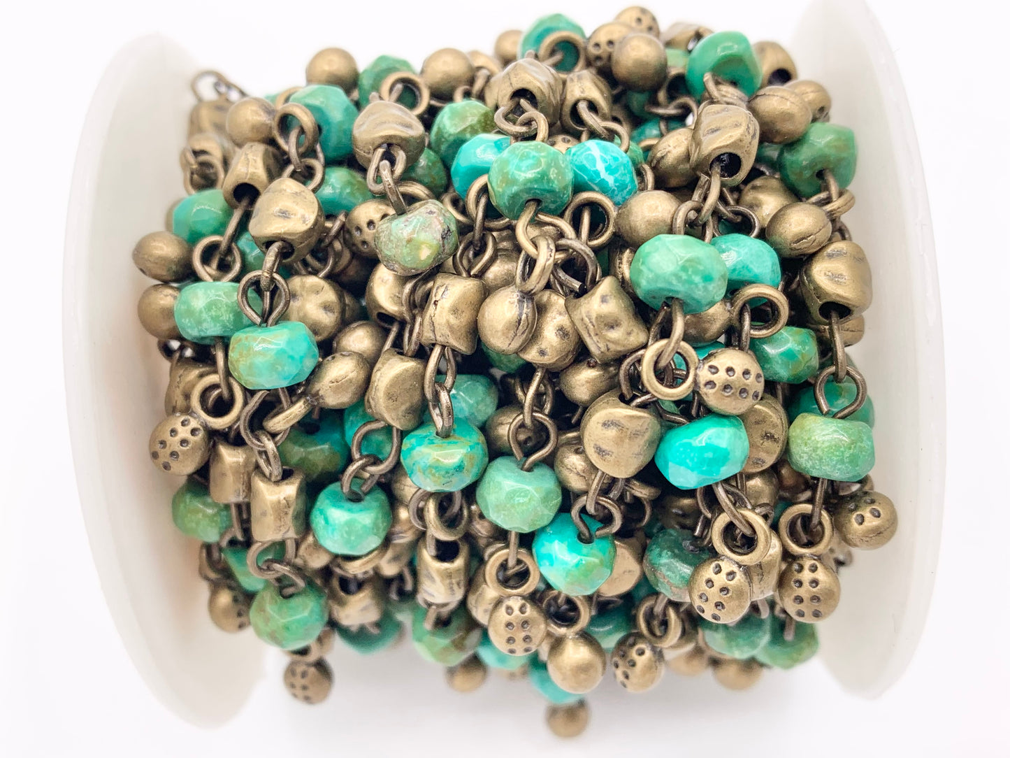 Vintage Dangle Picture Jasper/ Magnesite Natural Stone Rondelle Faceted Rosary Style Beaded Chain With Brass Wire By Spool 6mm