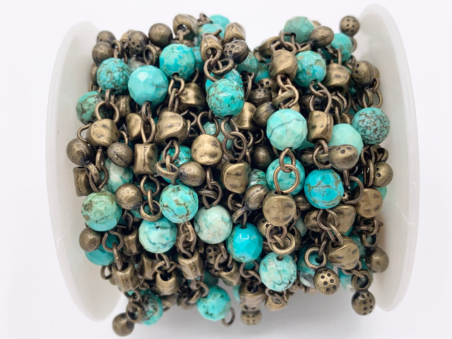 Vintage Dangle Picasso Jasper/ Magnesite/ African Turquoise Natural Stone Round Faceted Rosary Beaded Chain With Brass Wire By Spool 6mm