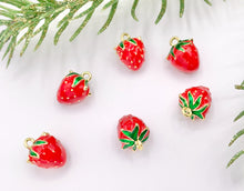 Load image into Gallery viewer, Cute Red Enamel Strawberry Charms 3D Puffy Fruit Charms in 18K Gold Plated Over Copper 10 PCS