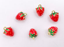 Load image into Gallery viewer, Cute Red Enamel Strawberry Charms 3D Puffy Fruit Charms in 18K Gold Plated Over Copper 10 PCS