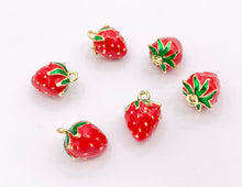Load image into Gallery viewer, Cute Red Enamel Strawberry Charms 3D Puffy Fruit Charms in 18K Gold Plated Over Copper 10 PCS