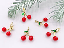 Cargar imagen en el visor de la galería, Cute Red Enamel Cherry Charms 3D Puffy Fruit Charms in 18K Gold Plated Over Copper 10 PCS