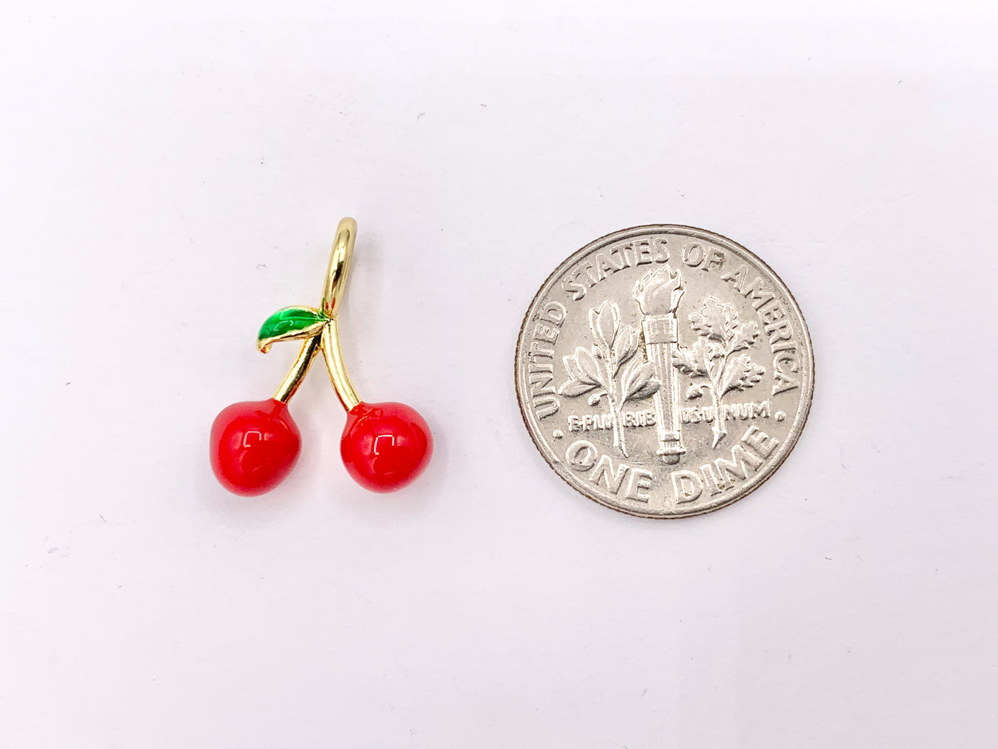 Cute Red Enamel Cherry Charms 3D Puffy Fruit Charms in 18K Gold Plated Over Copper 10 PCS