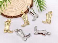 Load image into Gallery viewer, Western Cowboy Boots Texas Ranch One Sided Pendant Charms in CZ Pave 18K Gold/Silver Plated Copper 6 PCS