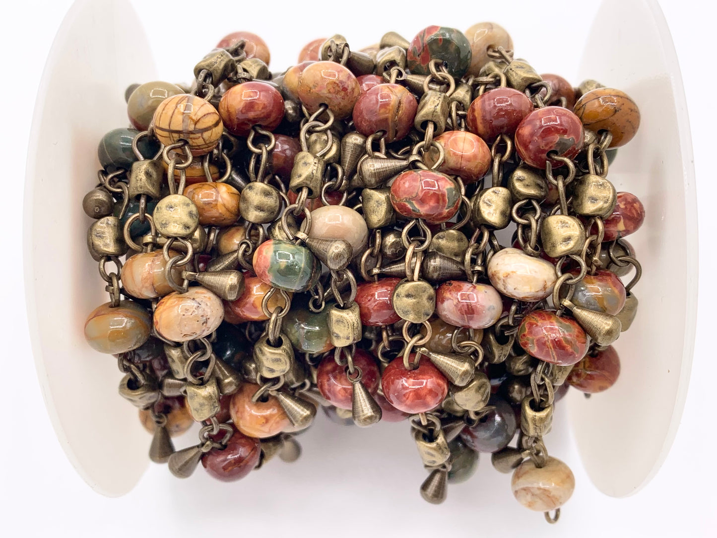 Vintage Dangle Jasper/ Magnesite/ Jade/ Picasso Jasper Natural Stone Rondelle Rosary Style Beaded Chain With Brass Wire By Spool 8mm