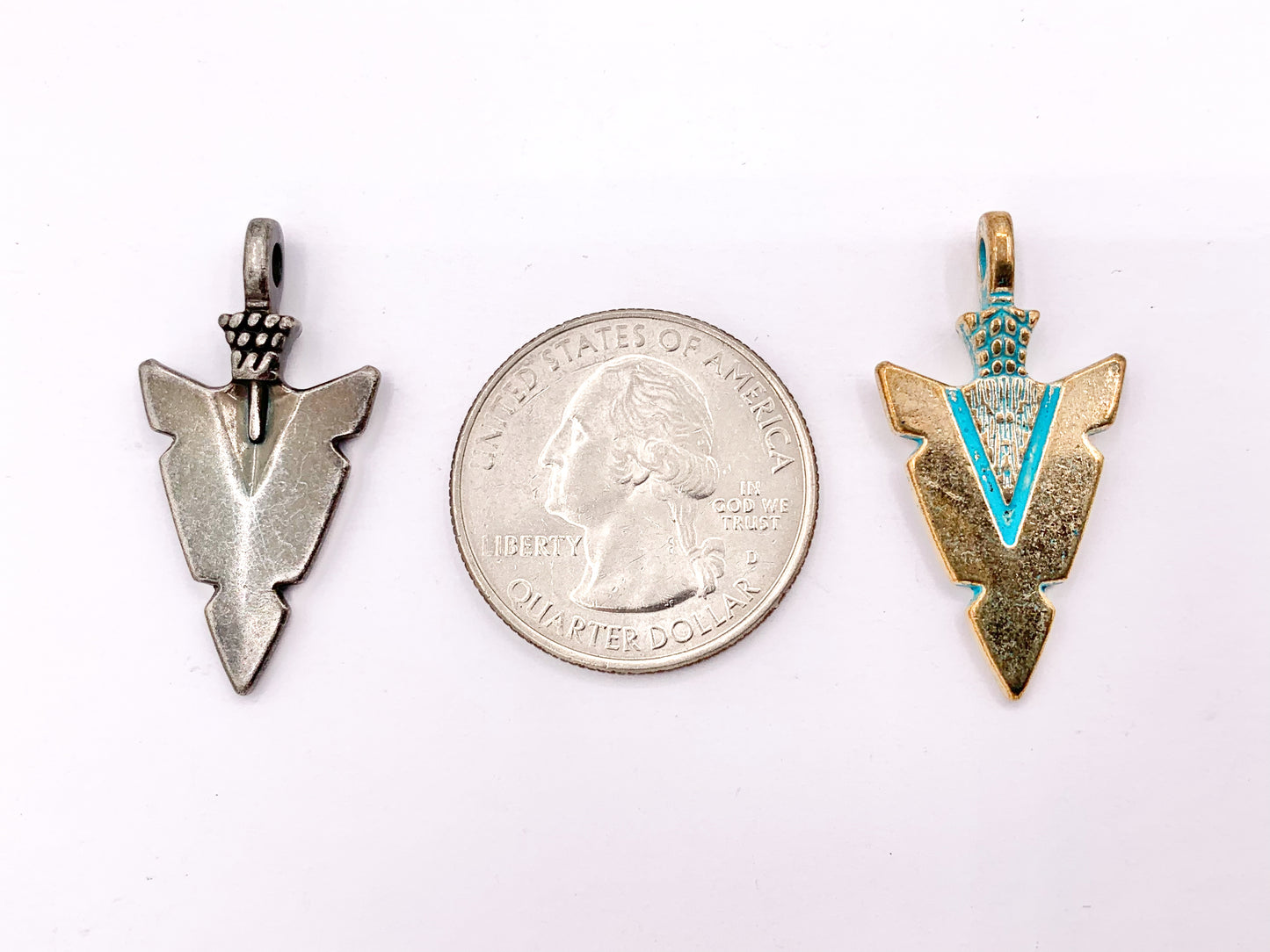 16x31mm Pewter Arrowhead Pendants in Gold, Silver, Copper, Brass, Gunmetal and Blue/Green Patina
