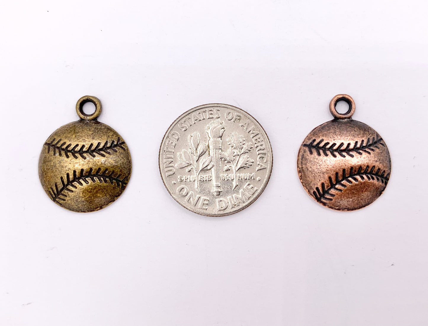 14mm Pewter One Sided Baseball Pendants Small Curved Coin Sports Charms Bulk Order in Gold, Silver, Copper and Brass 125g