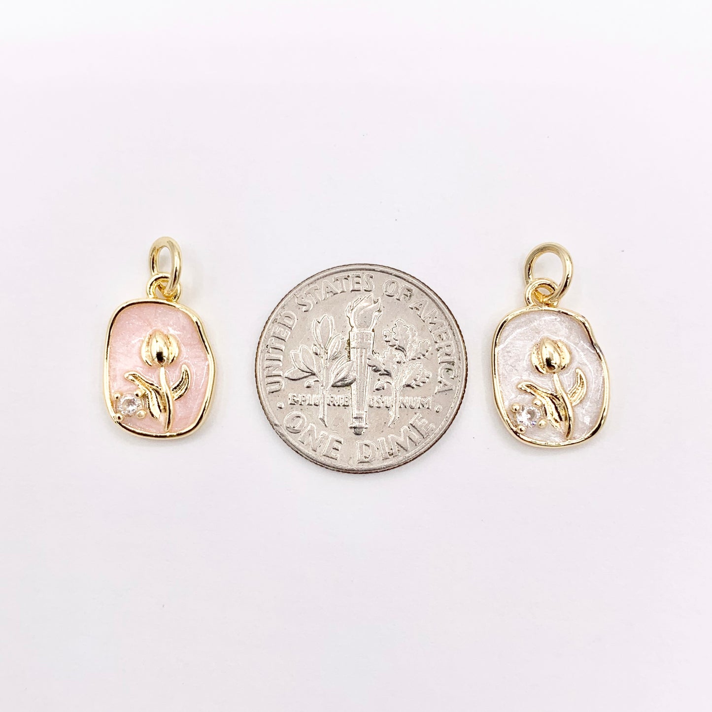 White & Pink Acetate CZ Pave Tulip Flower in Oval Pendant in Real Gold 18K Plated Over Copper 10 PCS