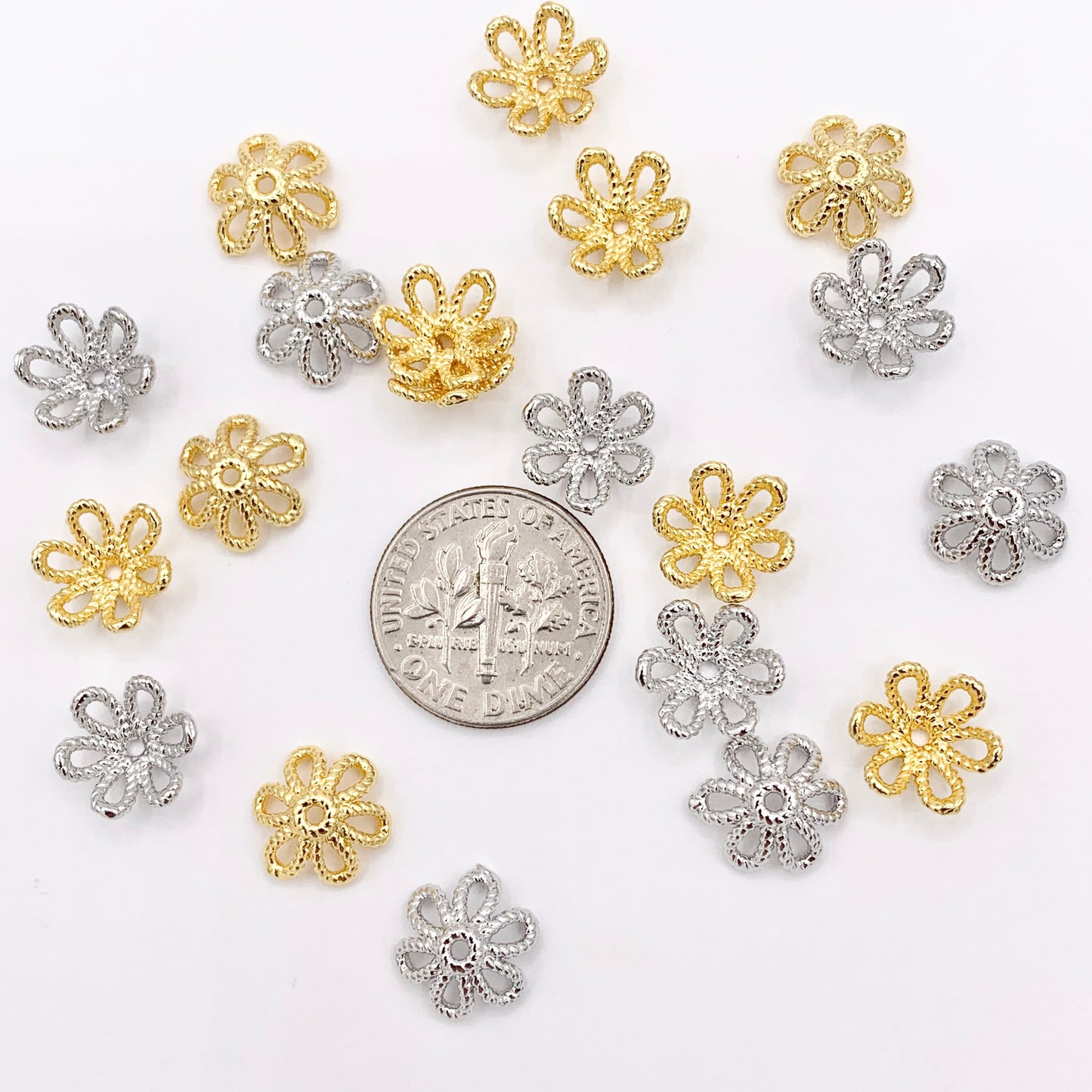 10mm Flower Bead Caps in 18K Gold/Silver Plated Copper Jewelry Findings 50 PCS