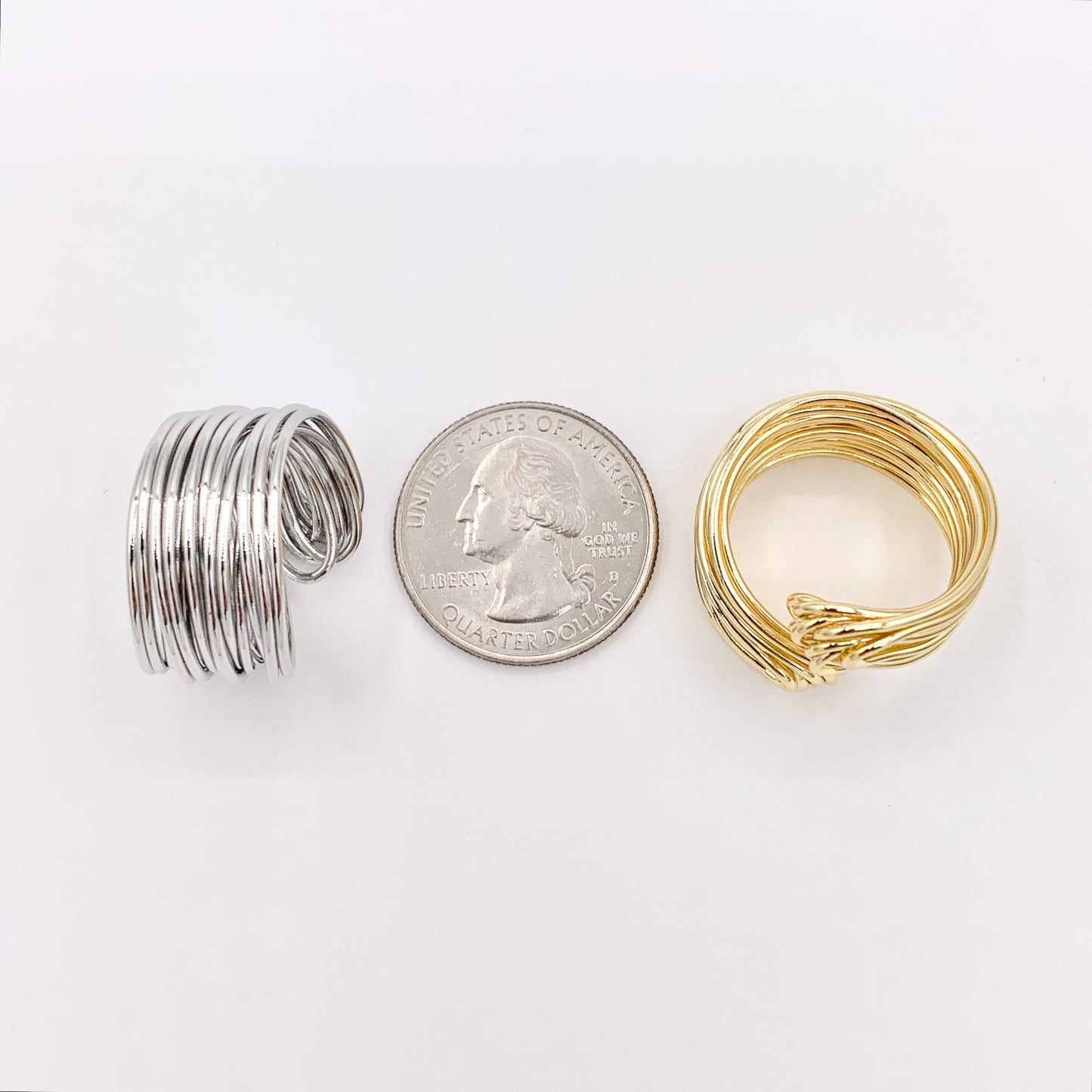18K Gold and Silver Plated Plain Wire Wrapped Bypass Adjustable Ring 5 PCS
