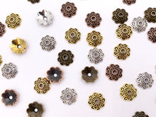Cargar imagen en el visor de la galería, 10mm Pewter Bead Caps Cute Space Beads in Gold, Silver, Copper and Bronze Color 125g