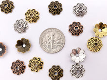 Cargar imagen en el visor de la galería, 10mm Pewter Bead Caps Cute Space Beads in Gold, Silver, Copper and Bronze Color 125g
