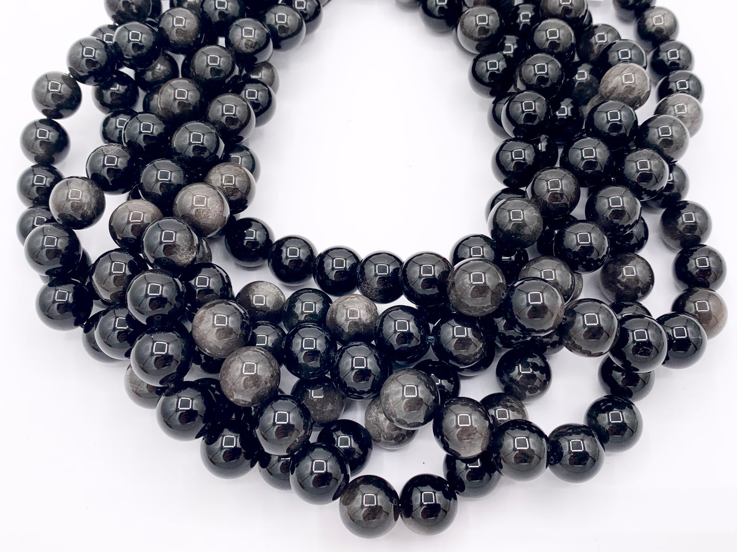 Silver Obsidian Round Smooth Shiny Natural Healing Gemstone Beads Men's and Women's bracelet 6-14mm Around 15"