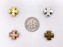 Load image into Gallery viewer, 11mm Pewter Small Cross Spacer Beads Tiny Religious Spacers Bulk Order Gold, Silver, Bronze, Copper