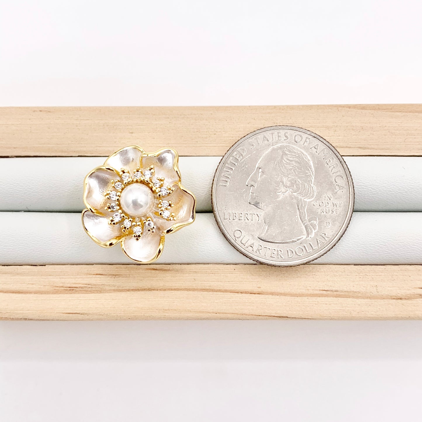 Shell Pearl Flower CZ Pave Earring Studs in Real 18K Gold Plated Over Copper 3 PAIRS